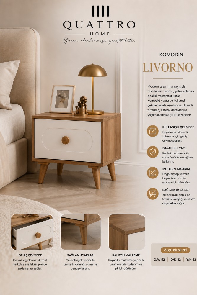 Quattro Home Livorno Komodin – Modern Ahşap Beyaz Çekmeceli Yatak Odası Komodini