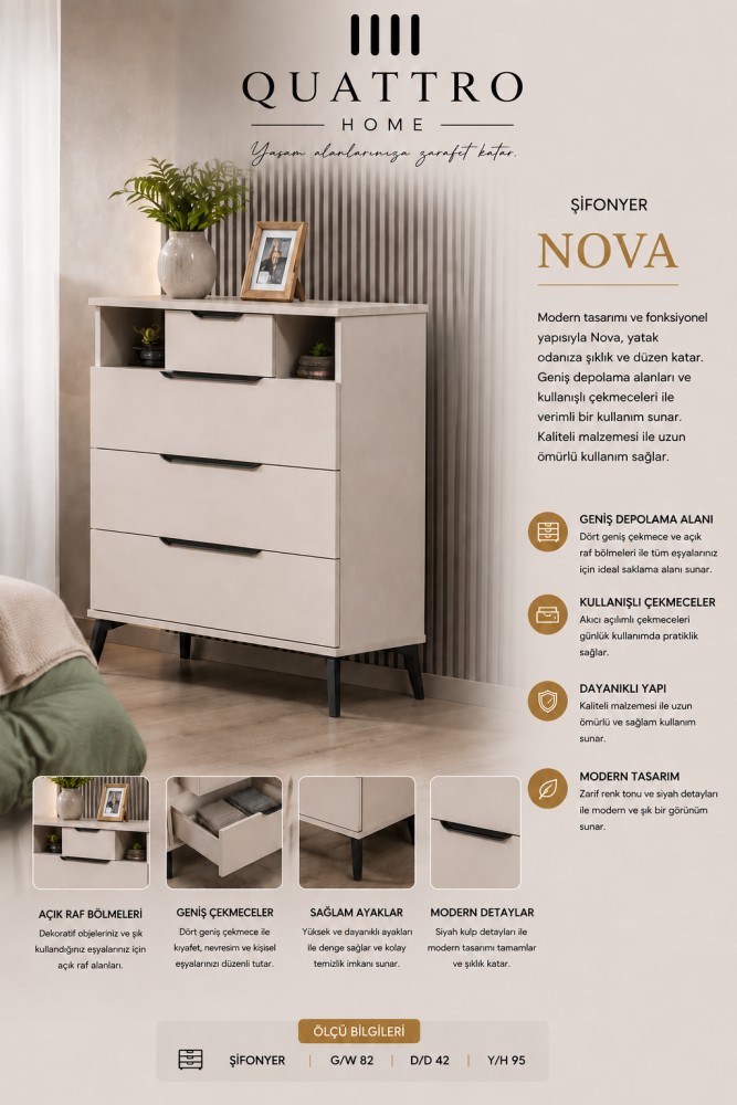 Quattro Home Nova Şifonyer Modern Geniş Çekmeceli Yatak Odası Şifonyeri