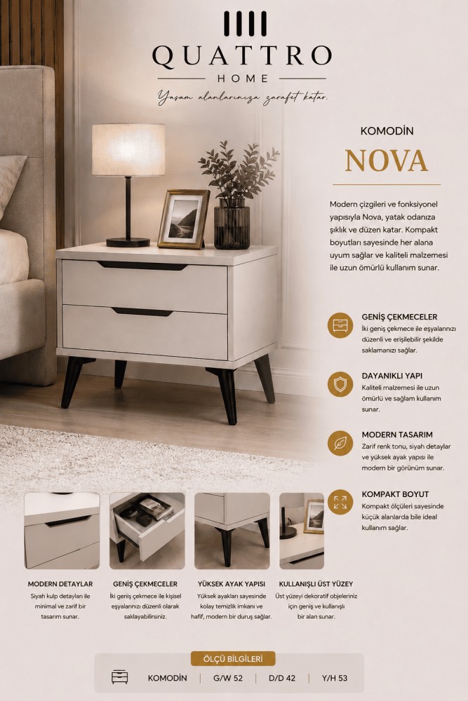 Quattro Home Nova Komodin Modern 2 Çekmeceli Yatak Odası Komodini
