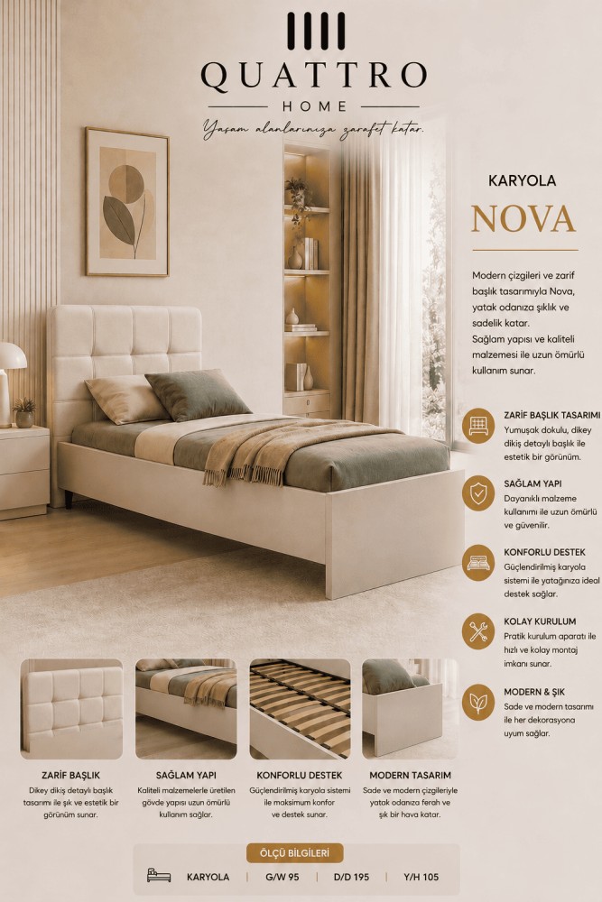 Quattro Home Nova Karyola Modern Başlıklı Tek Kişilik Karyola