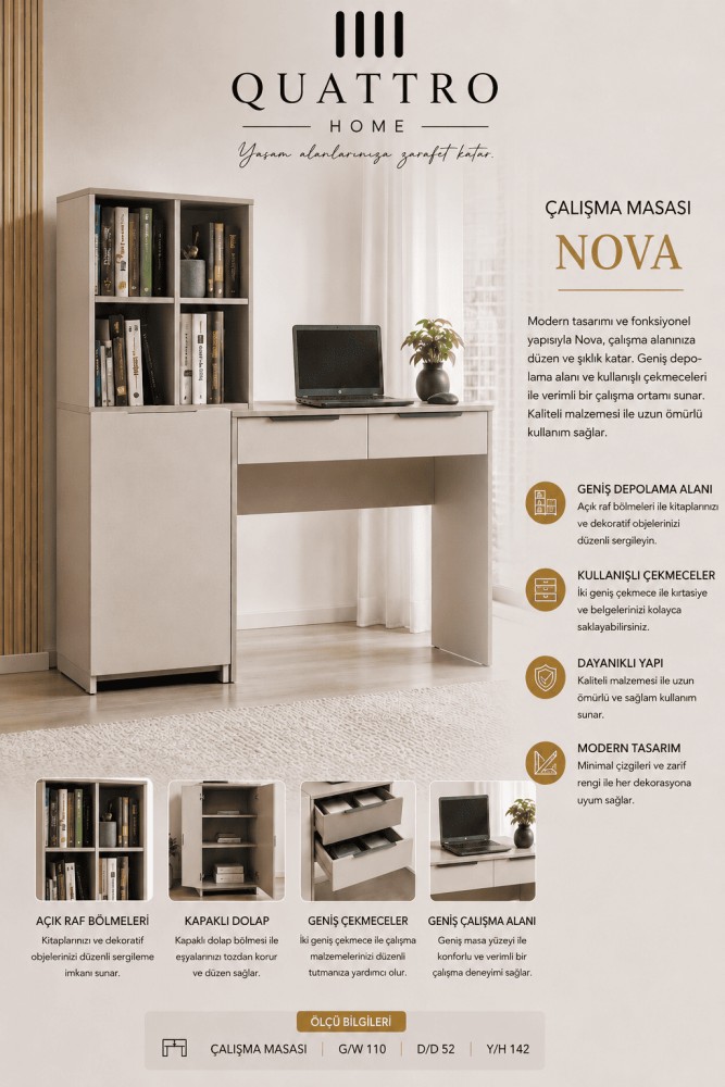 Quattro Home Nova Çalışma Masası  Modern Raflı ve Çekmeceli Çalışma Masası