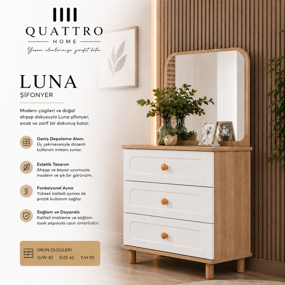 Quattro Home Luna Şifonyer Aynalı 3 Çekmeceli Modern Yatak Odası Şifonyeri