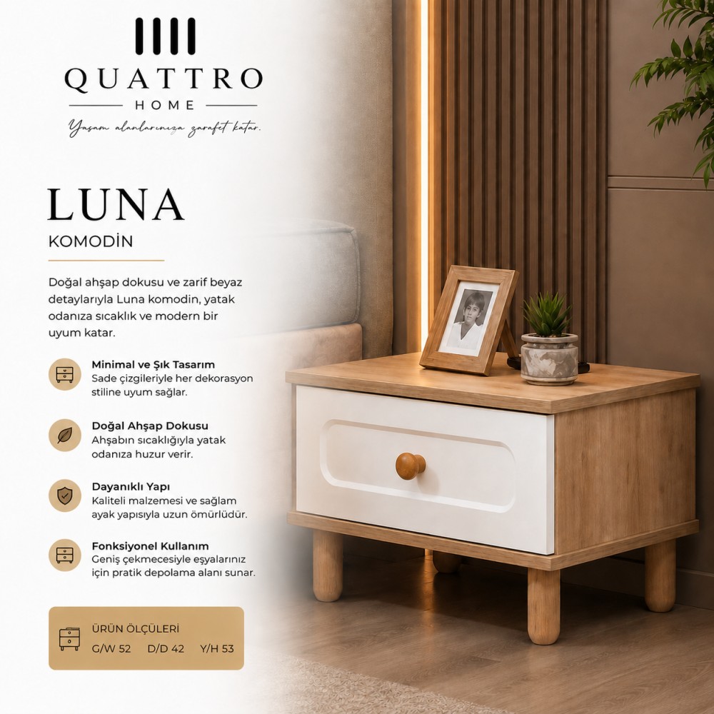 Quattro Home Luna Komodin Tek Çekmeceli Modern Yatak Odası Komodini