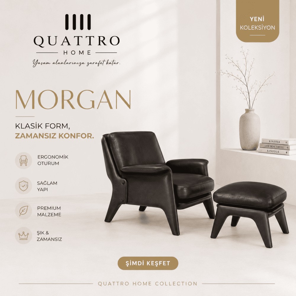 Quattro Home Morgan Puflu Klasik Lounge Koltuk Deri Görünümlü Dinlenme Koltuğu