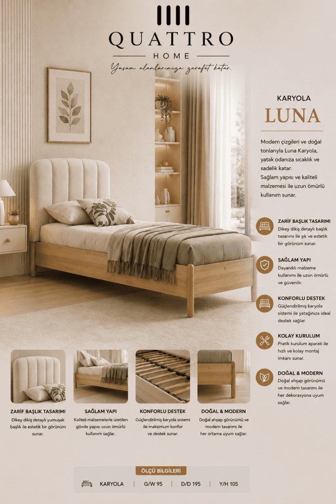 Quattro Home Luna Karyola Modern Başlıklı Tek Kişilik Karyola