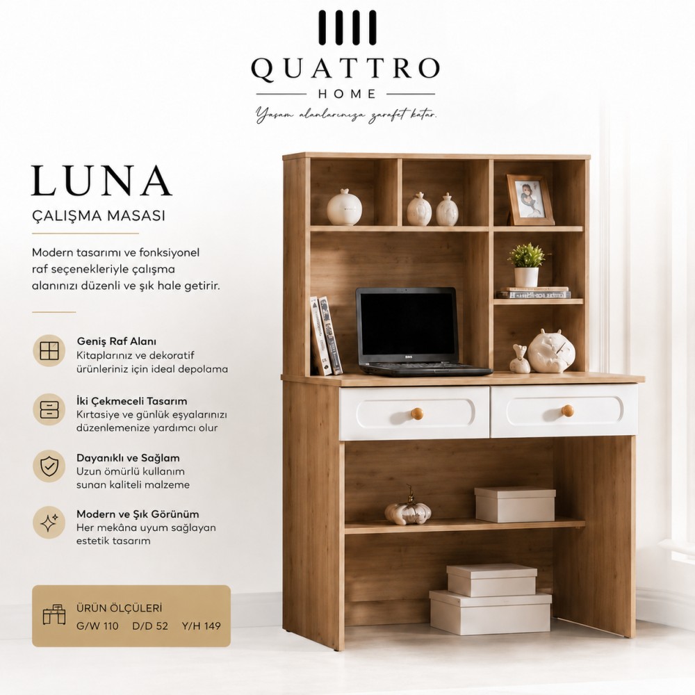 Quattro Home Luna Çalışma Masası  Raflı ve 2 Çekmeceli Modern Çalışma Masası