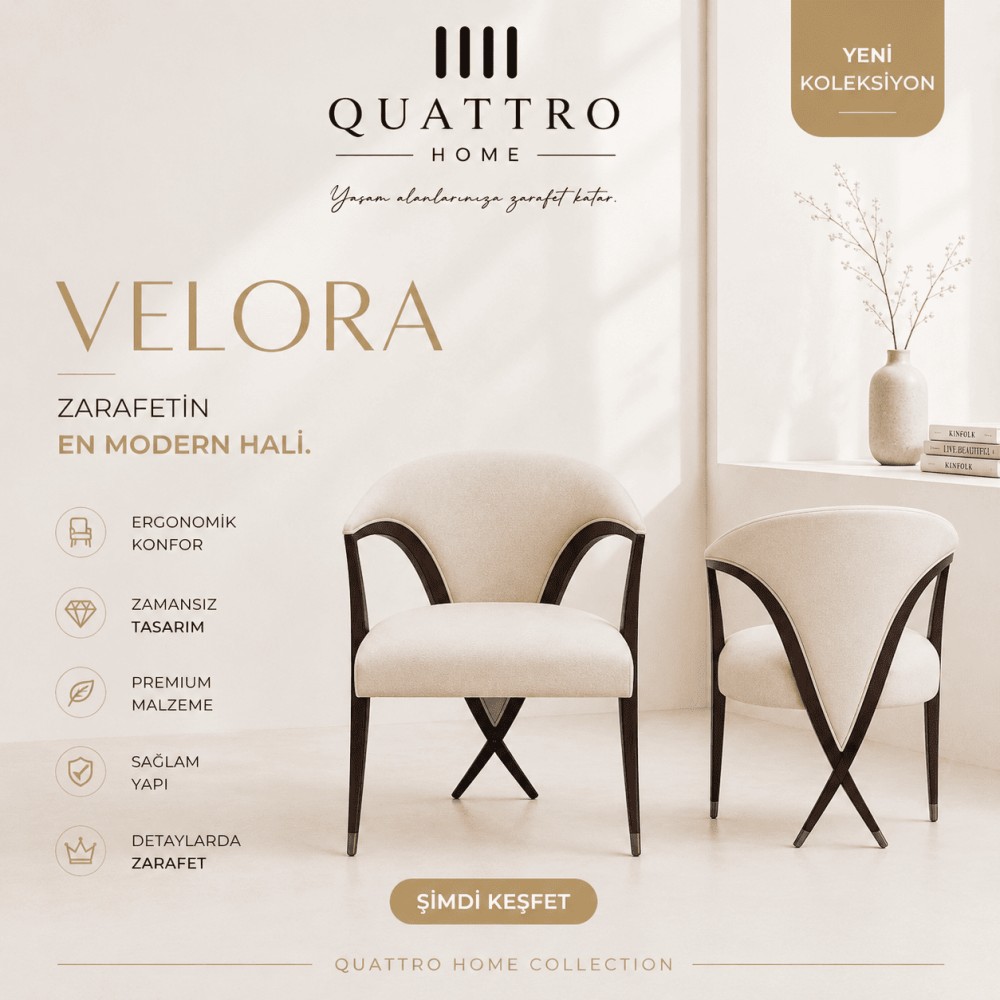 Quattro Home Velora Modern Döşemeli Sandalye Krem Ahşap Görünümlü Ayaklı
