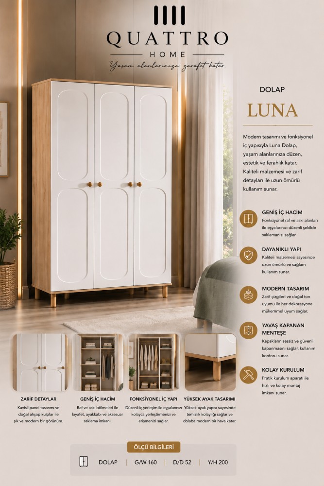Quattro Home Luna Dolap 3 Kapaklı Modern Yatak Odası Gardırobu