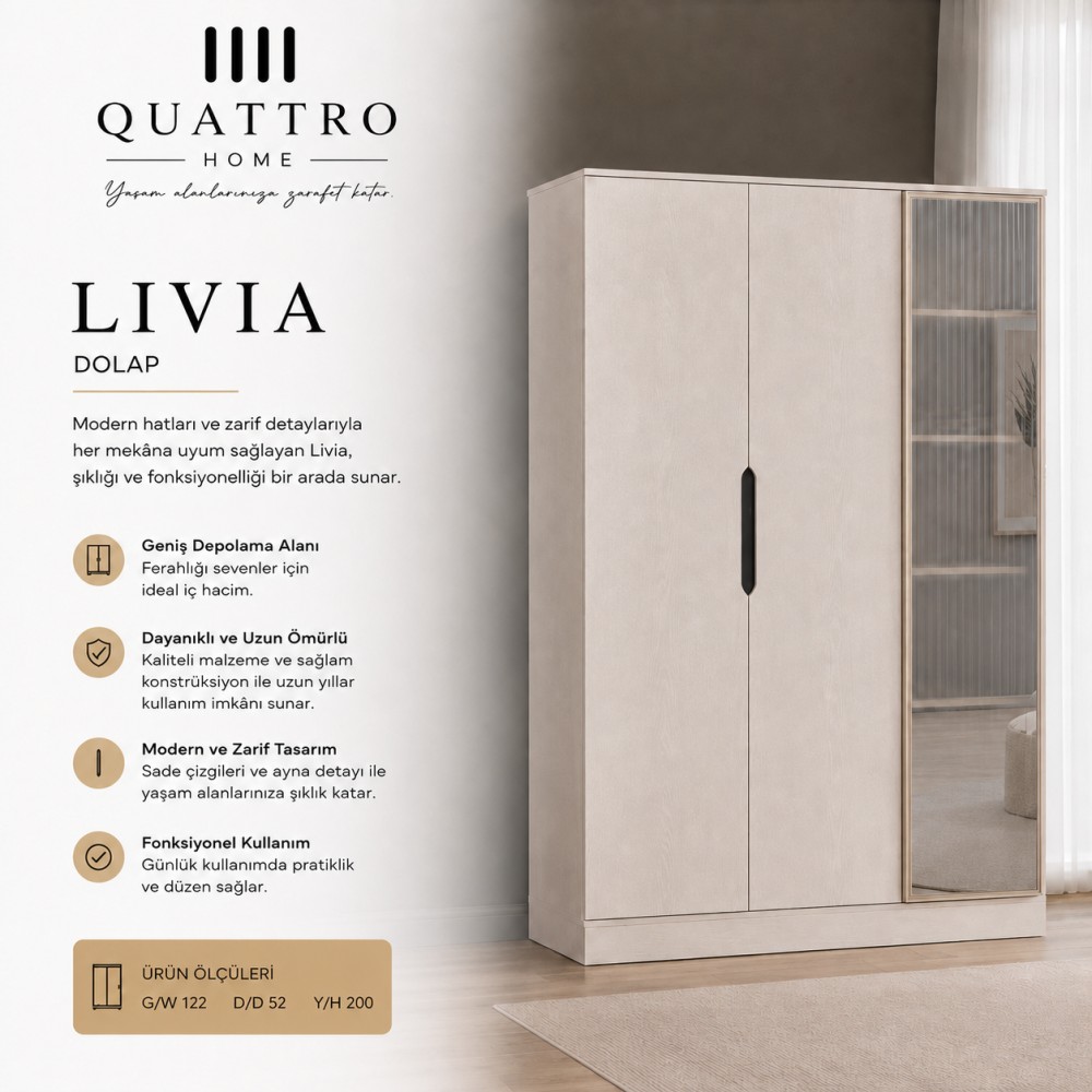 Quattro Home Livia Dolap Aynalı Modern Yatak Odası Gardırobu