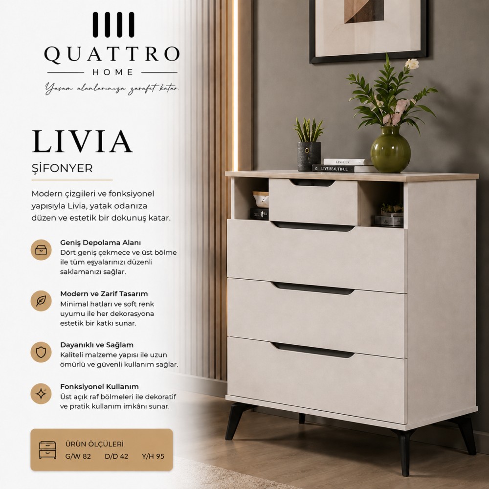 Quattro Home Livia Şifonyer  4 Çekmeceli Modern Yatak Odası Şifonyeri