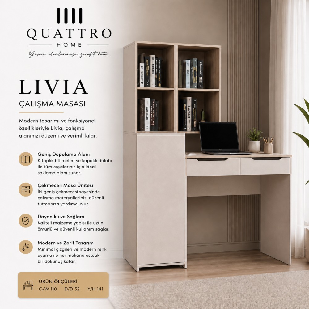 Quattro Home Livia Çalışma Masası  Kitaplıklı ve Çekmeceli Modern Çalışma Masası