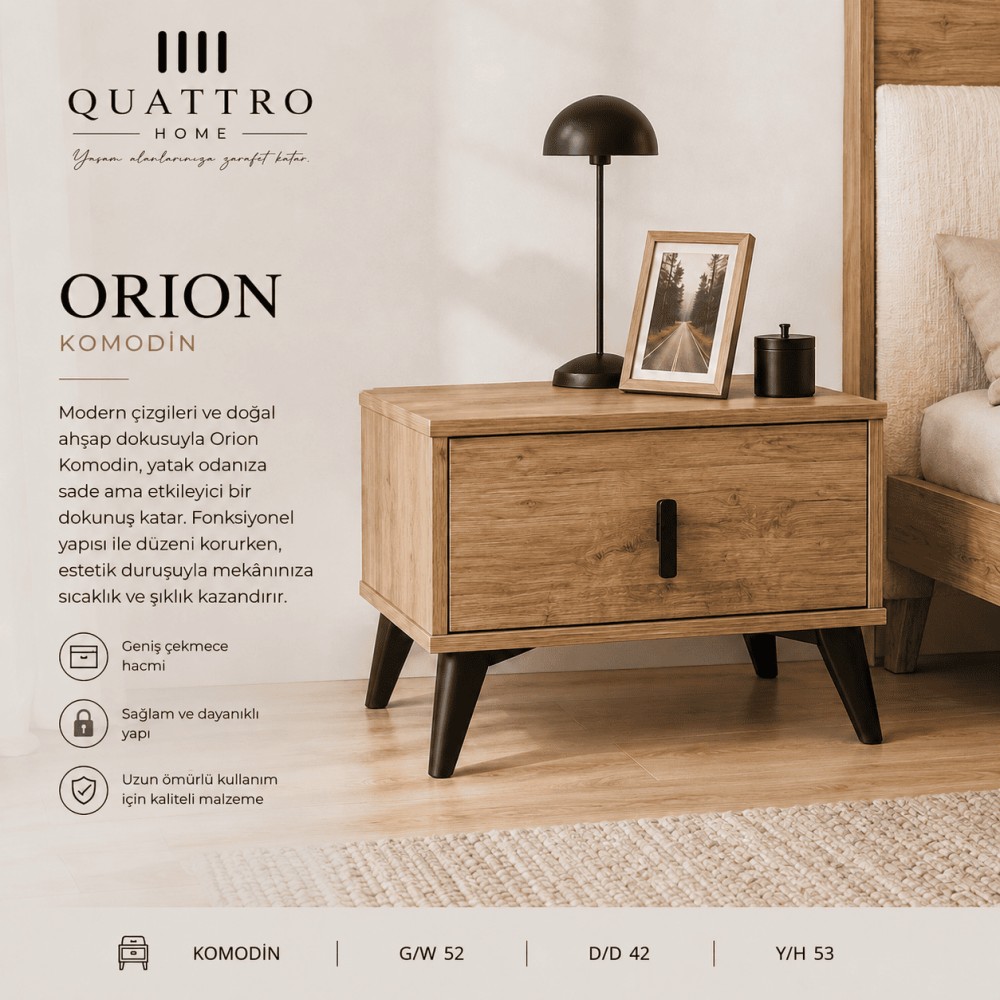 Quattro Home Orion Komodin Ahşap Görünümlü Modern Yatak Odası Komodini