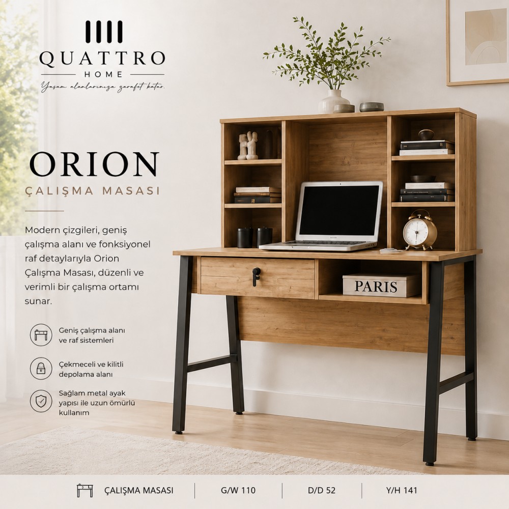 Quattro Home Orion Çalışma Masası Raflı Kilitli Çekmeceli Modern Masa