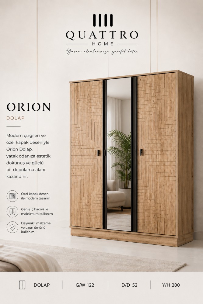 Quattro Home Orion Dolap  Aynalı Özel Kapak Desenli Modern Gardırop