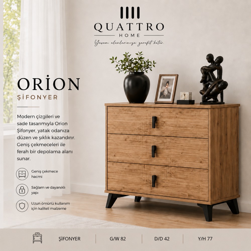 Quattro Home Orion Şifonyer 3 Çekmeceli Ahşap Görünümlü Modern Şifonyer