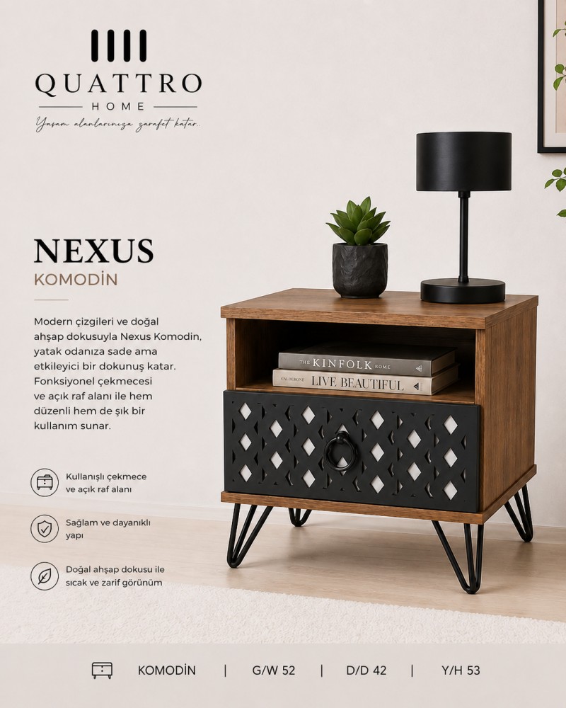 Quattro Home Nexus Komodin Ahşap Görünümlü Modern Yatak Odası Komodini