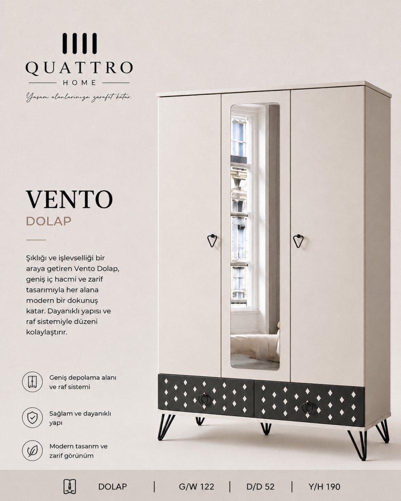 Quattro Home Vento Dolap Aynalı Modern Gardırop