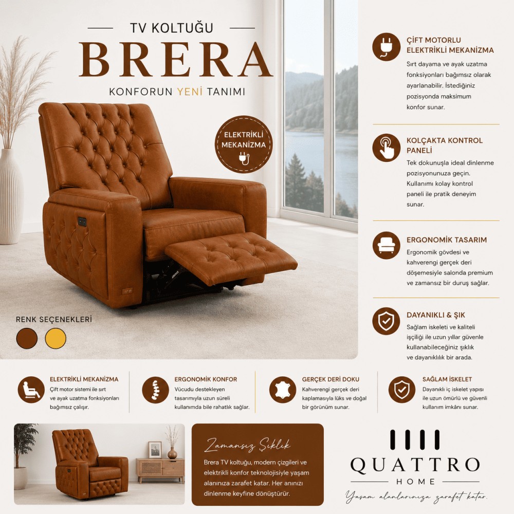 Quattro Home Brera TV Koltuğu Çift Motorlu Elektrikli Mekanizmalı Gerçek Deri Relax Koltuk