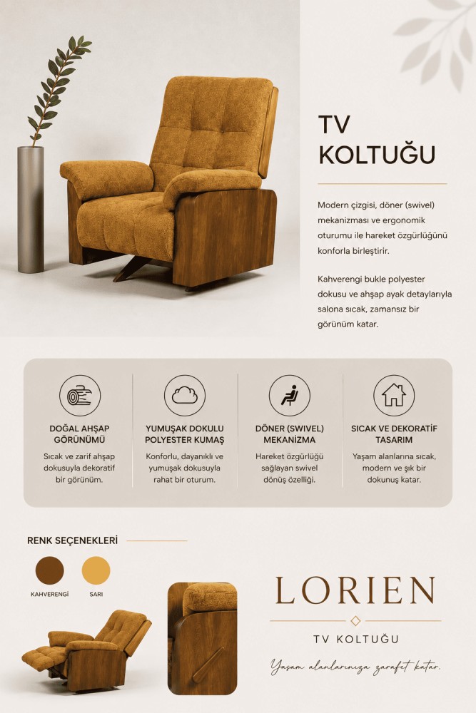 Quattro Home Lorien TV Koltuğu Döner Mekanizmalı Bukle Polyester Kumaş Ahşap Detaylı Koltuk