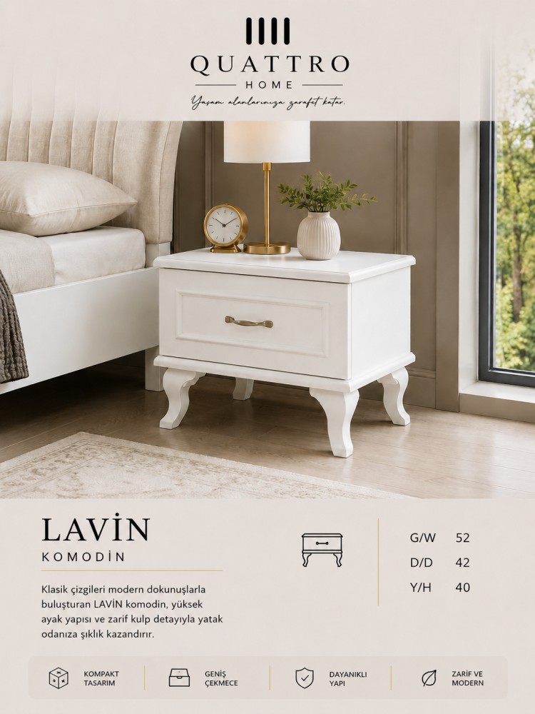 Quattro Home Lavin Komodin Beyaz Klasik Modern Yatak Odası Komodini
