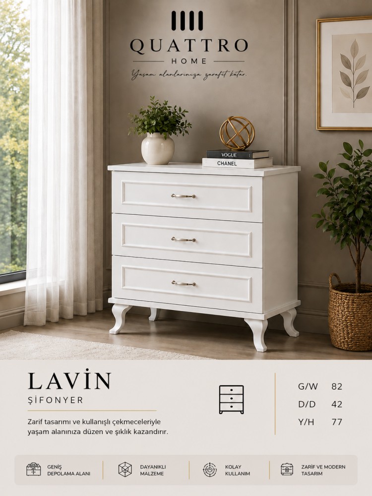 Quattro Home Lavin Şifonyer  3 Çekmeceli Beyaz Modern Şifonyer