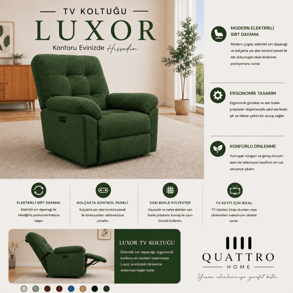 Quattro Home Luxor TV Koltuğu Elektrikli Sırt Dayamalı Kontrollü Relax Koltuk