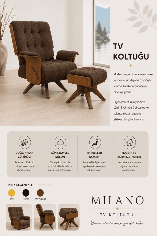 Quattro Home Milano TV Koltuğu Manuel Sırt Dayamalı Şönil Kumaş Berjer ve Puf