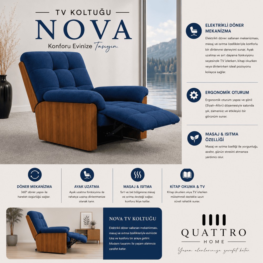 Quattro Home Nova TV Koltuğu Elektrikli Döner Mekanizmalı Masaj ve Isıtmalı TV Koltuğu