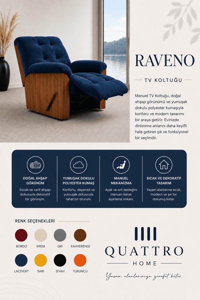 Quattro Home Raveno TV Koltuğu Manuel Mekanizmalı Polyester Kumaş Ahşap Görünümlü Relax Koltuk