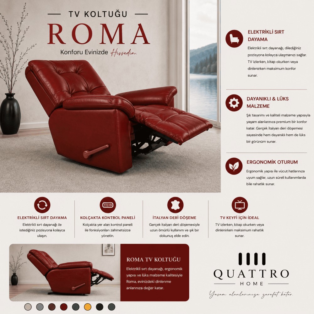 Quattro Home Roma TV Koltuğu Elektrikli Sırt Dayamalı İtalyan Deri Kontrollü Relax Koltuk
