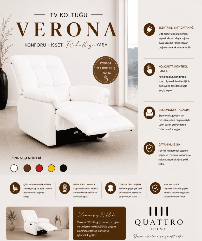 Quattro Home Verona TV Koltuğu Çift Motorlu Elektrikli Sırt Dayanaklı Relax Koltuk