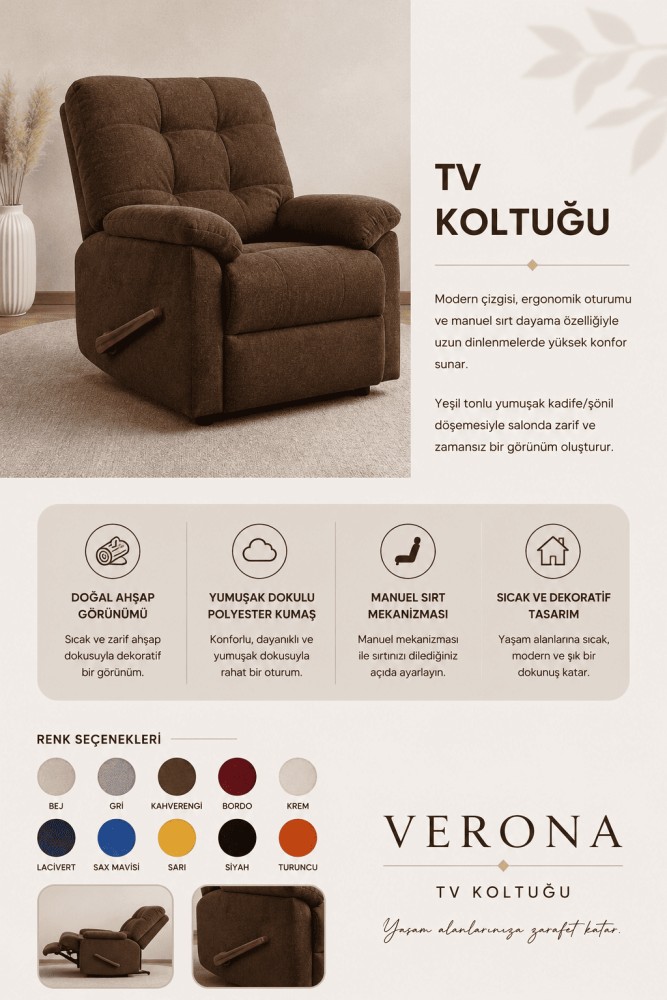 Quattro Home Verona TV Koltuğu Manuel Sırt Mekanizmalı Polyester Kumaş Relax Koltuk