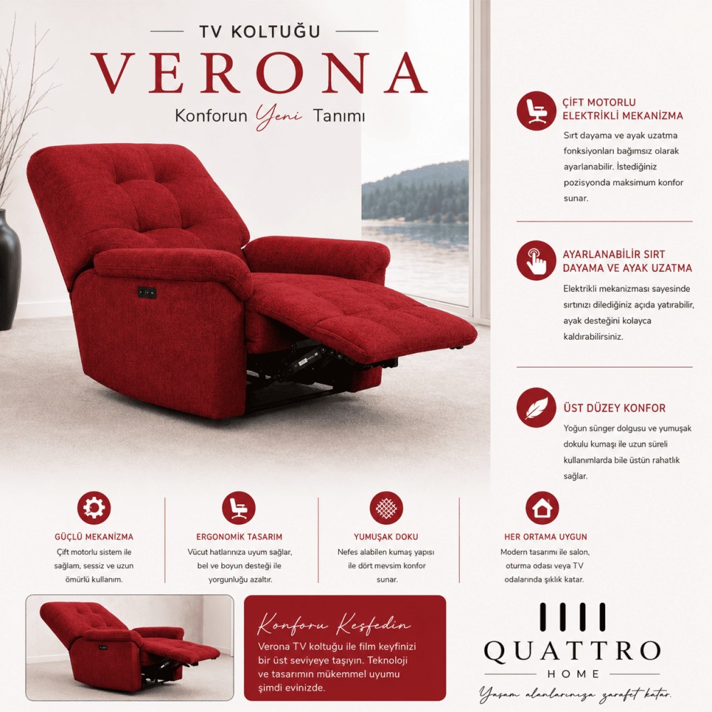 Quattro Home Verona TV Koltuğu Çift Motorlu Elektrikli Masaj Fonksiyonlu Relax Koltuk