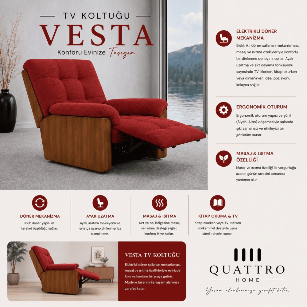 Quattro Home Vesta TV Koltuğu Elektrikli Döner Mekanizmalı Masaj ve Isıtmalı Relax Koltuk