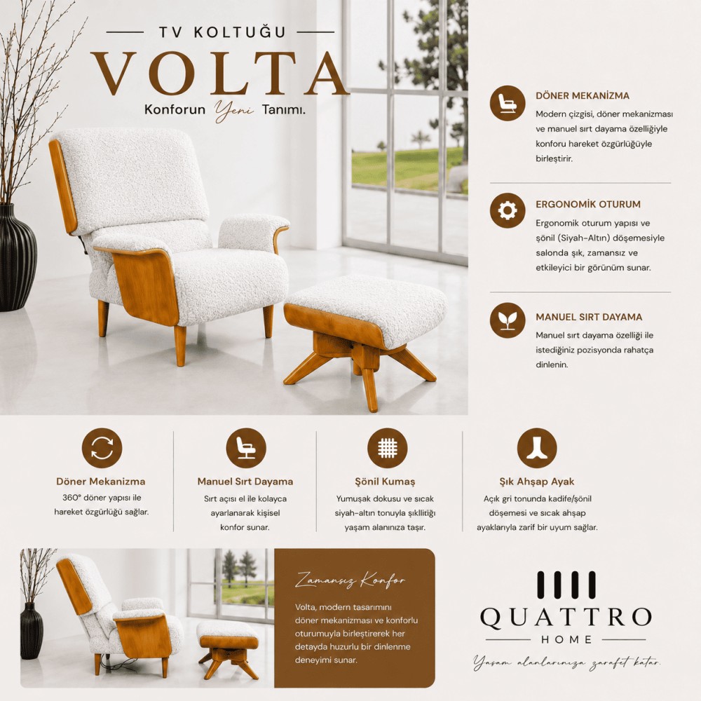 Quattro Home Volta TV Koltuğu Döner Mekanizmalı Manuel Sırt Dayamalı Berjer ve Puf