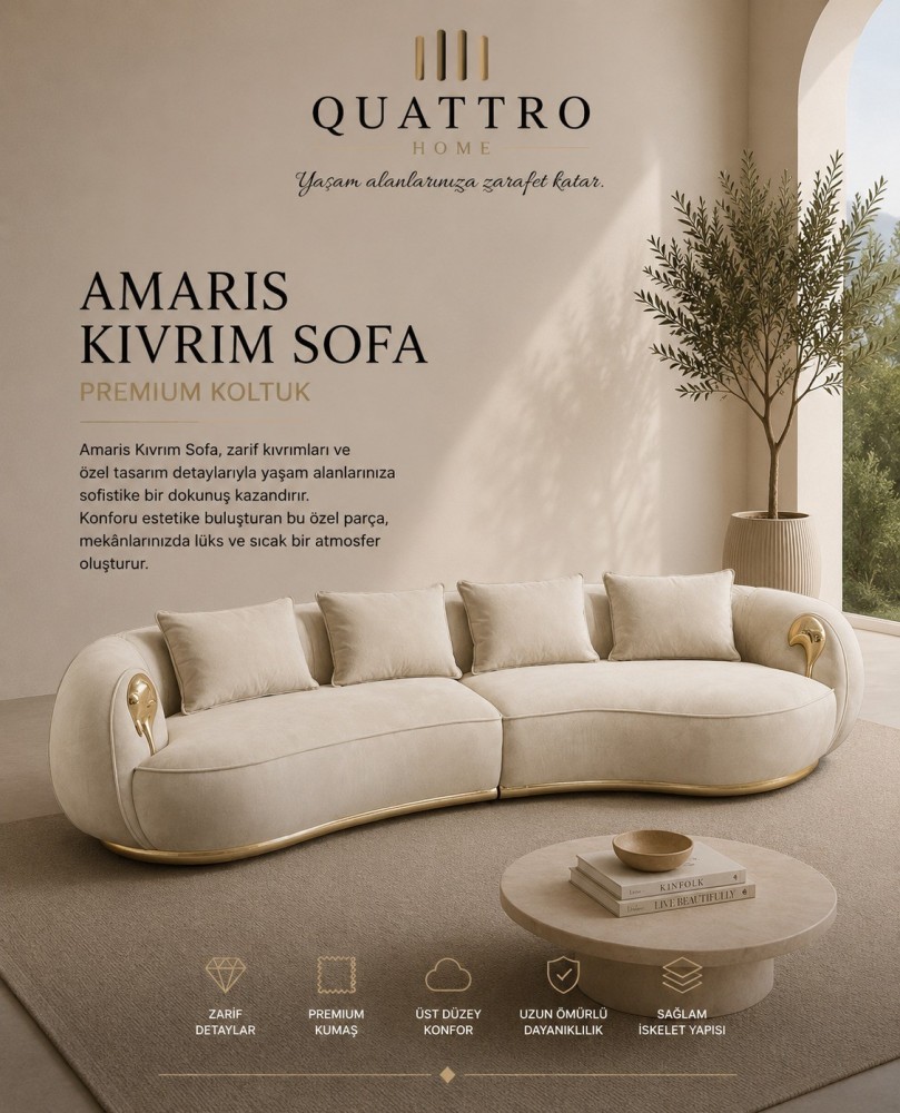 Quattro Home Amaris Kıvrım Sofa Krem Gold Detaylı Premium Koltuk