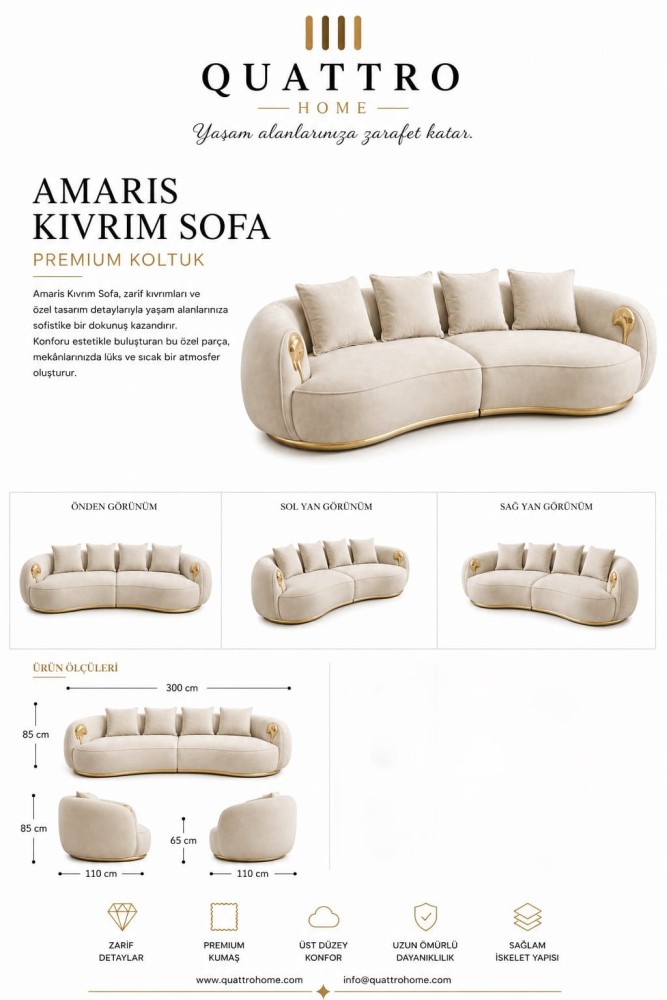 Quattro Home Amaris Kıvrım Sofa Krem Gold Detaylı Premium Koltuk görsel 2