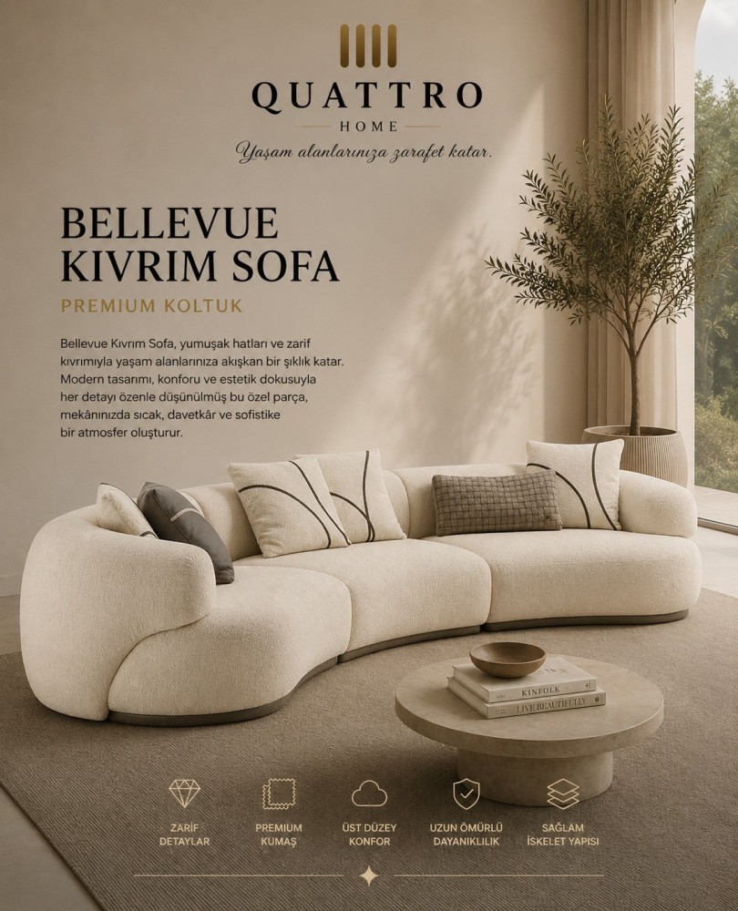 Quattro Home Bellevue Kıvrım Sofa Krem Modern Premium Koltuk