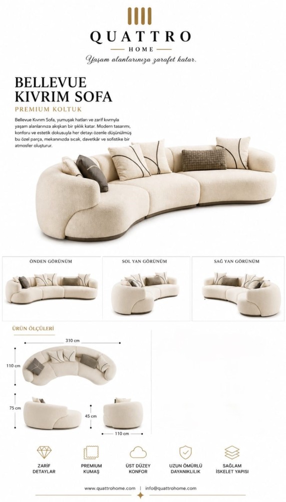 Quattro Home Bellevue Kıvrım Sofa Krem Modern Premium Koltuk görsel 2