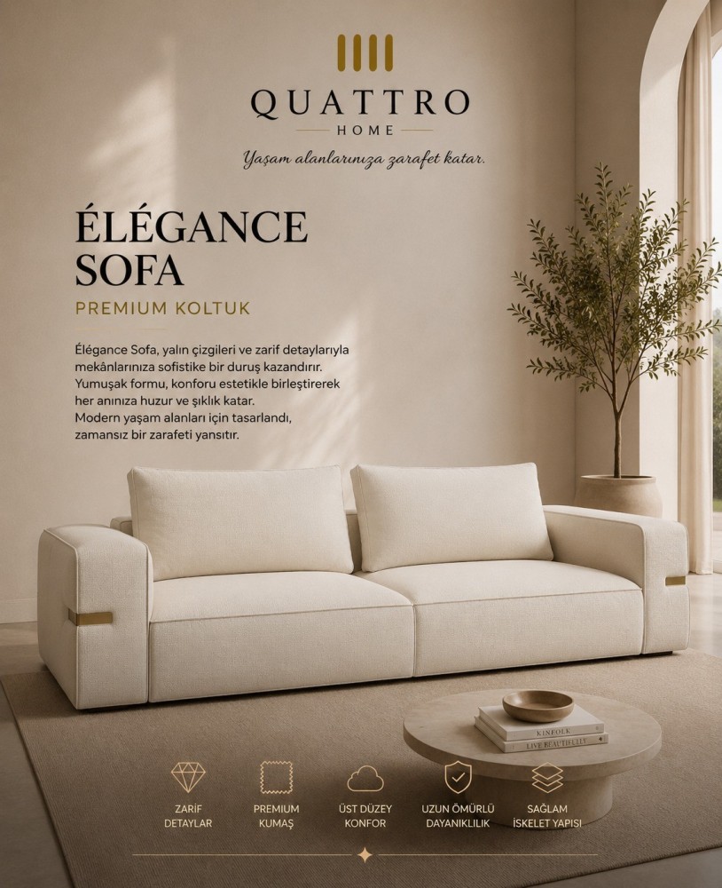 Élégance Sofa Krem Gold Detaylı Premium Koltuk