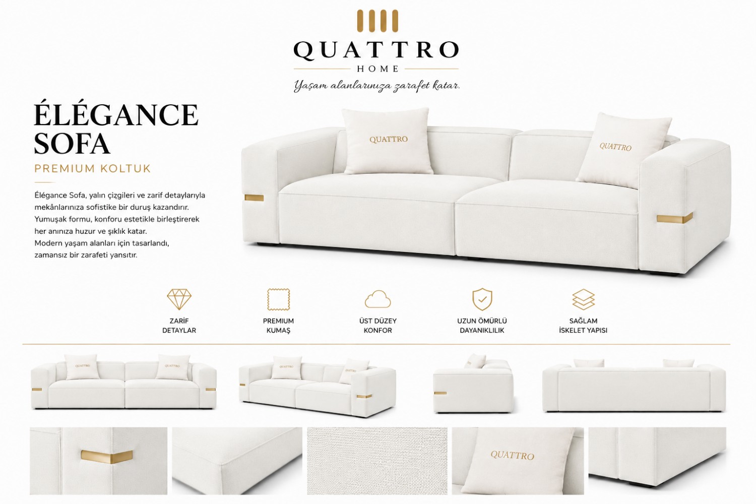 Élégance Sofa Krem Gold Detaylı Premium Koltuk görsel 2