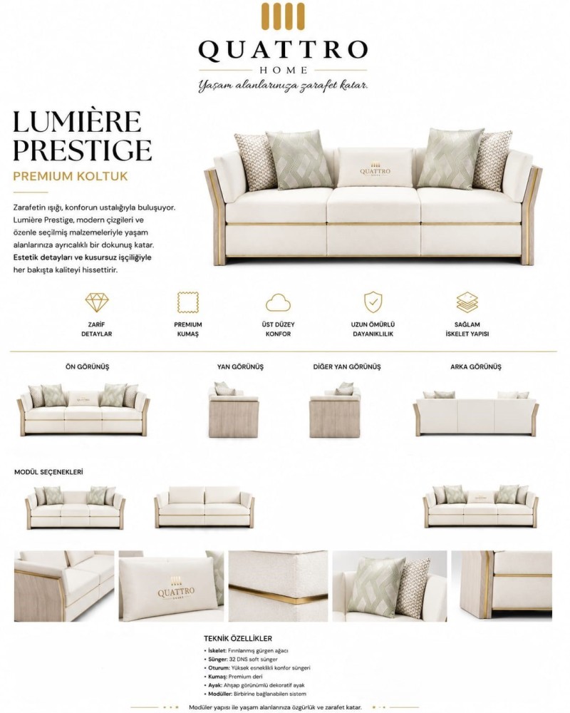 Lumière Prestige Krem Ahşap Yan Panelli Premium Koltuk görsel 2