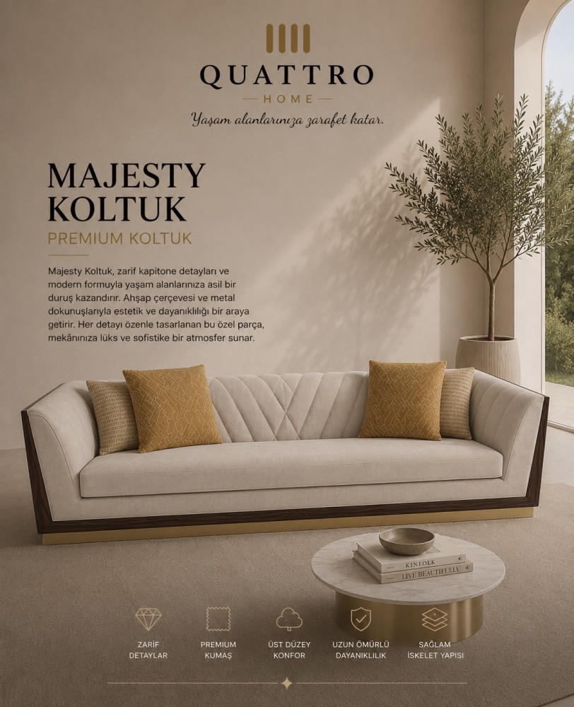Majesty Krem Ahşap Çerçeveli Kapitoneli Premium Koltuk