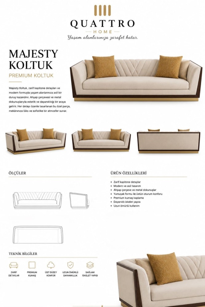 Majesty Krem Ahşap Çerçeveli Kapitoneli Premium Koltuk görsel 2