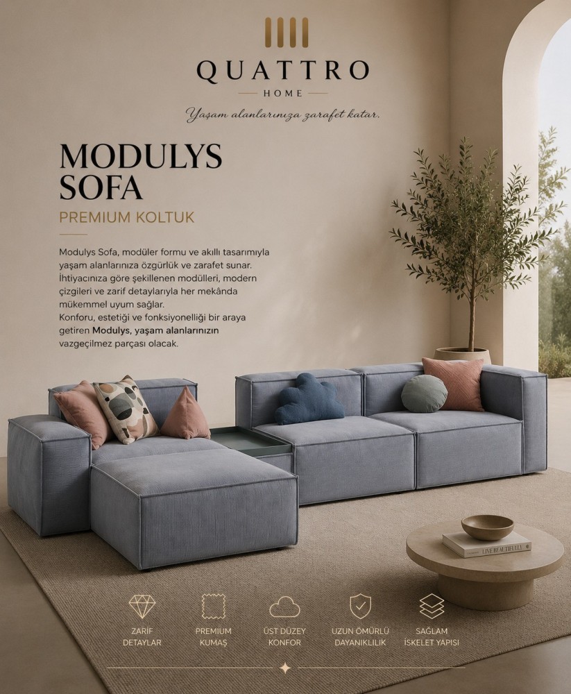 Modulys Sofa Gri Şezlonglu Modüler Köşe Koltuk