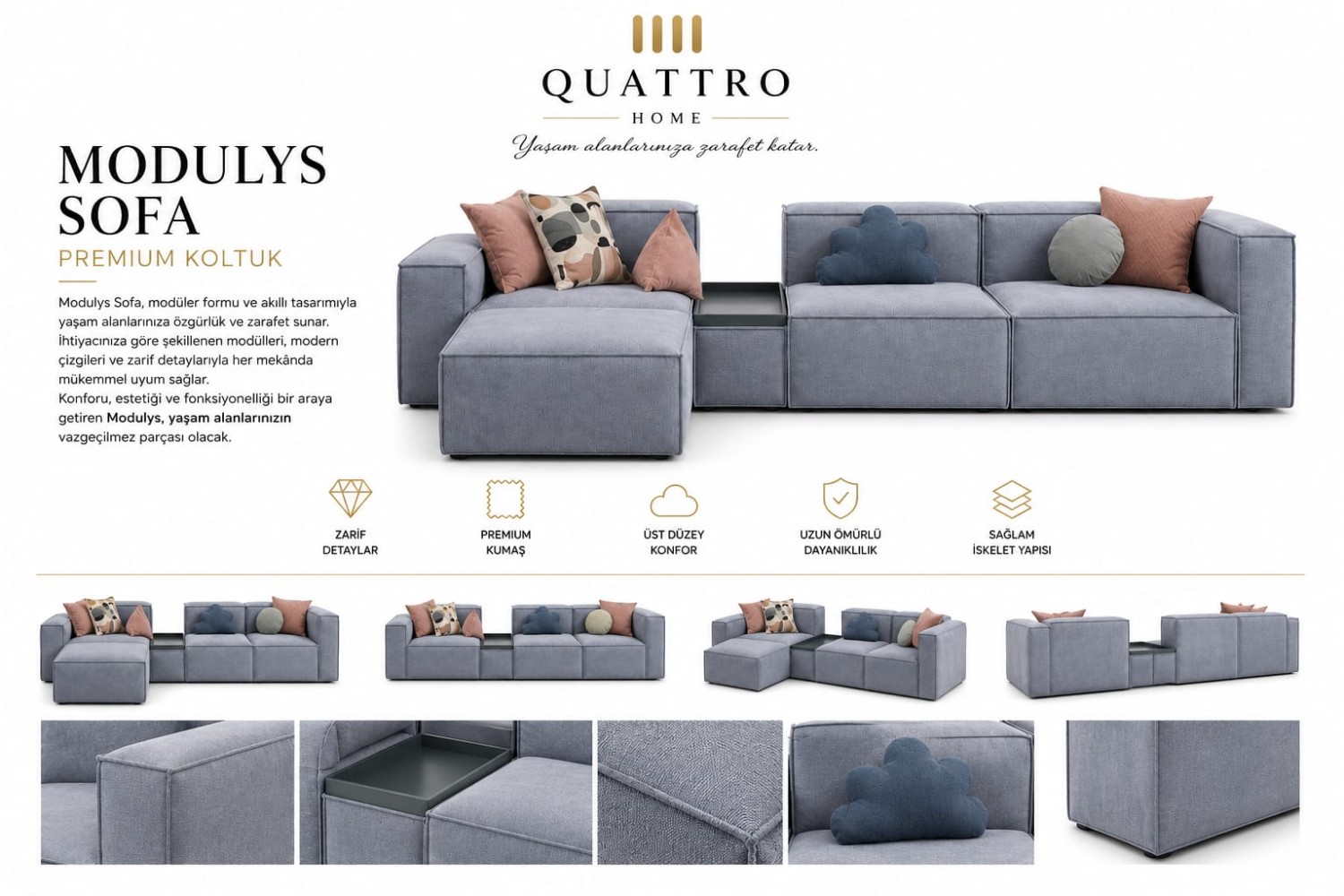 Modulys Sofa Gri Şezlonglu Modüler Köşe Koltuk görsel 2