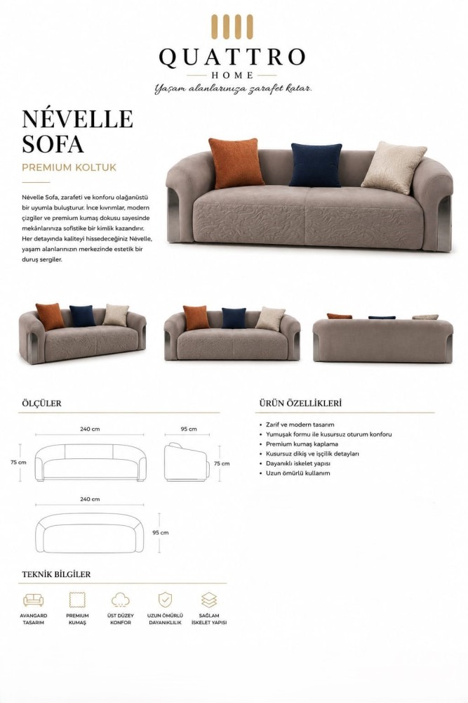Névelle Sofa Vizon Premium Kumaşlı Modern Koltuk görsel 2