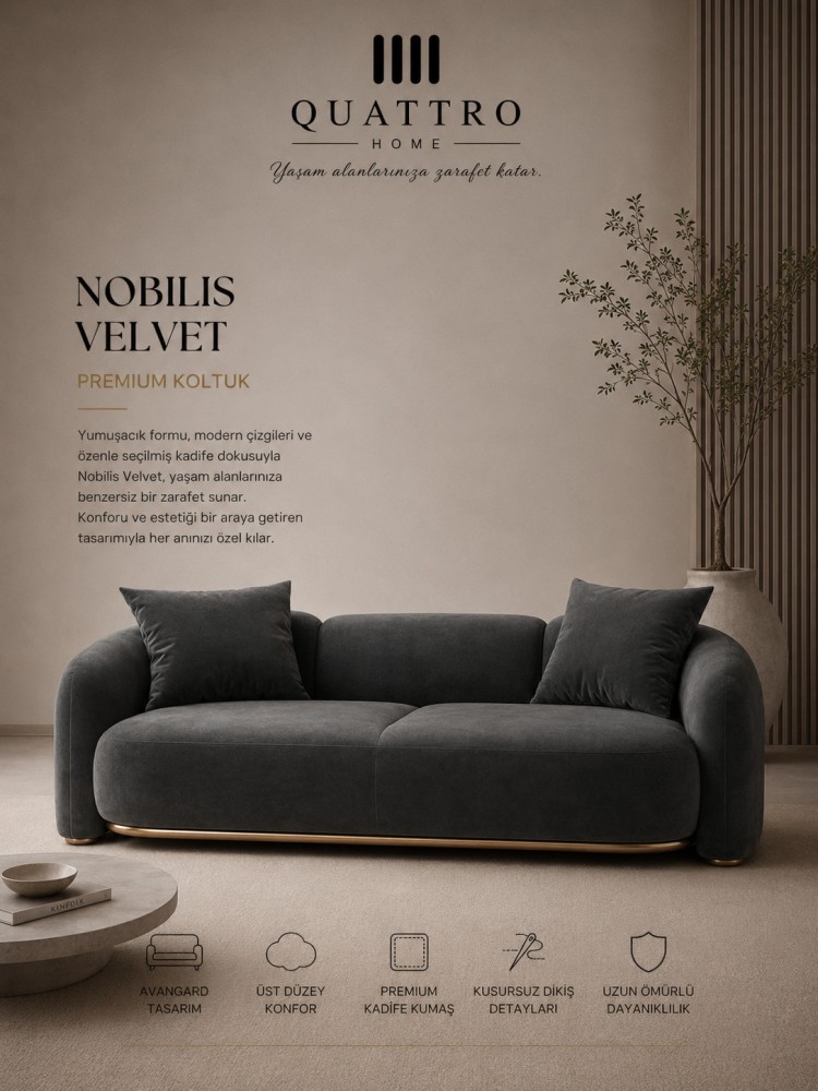 Quattro Home Nobilis Velvet Antrasit Kadife Premium Koltuk