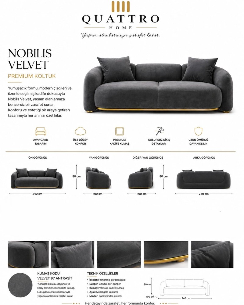 Quattro Home Nobilis Velvet Antrasit Kadife Premium Koltuk görsel 2