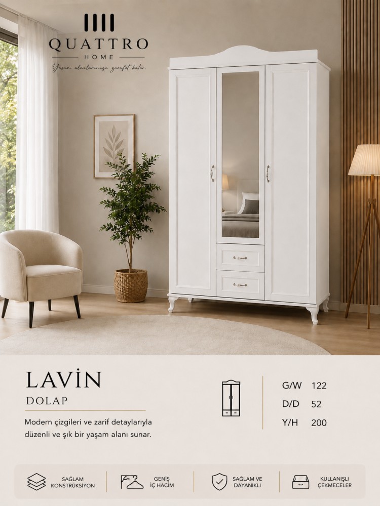 Quattro Home Lavin Genç Odası 3 Kapılı Aynalı ve Çekmeceli Gardırop